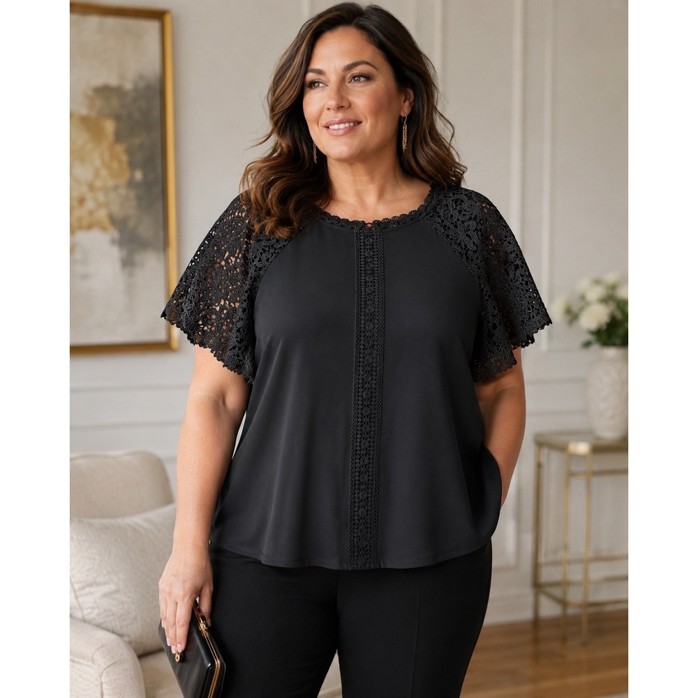 Cable & Gauge Black Lace Raglan Sleeve Blouse XXL Crochet Detail Elegant Noir
